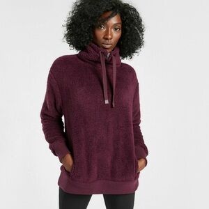 athleta  talus sherpa fleece funnel neck half zip in burgundy, size small